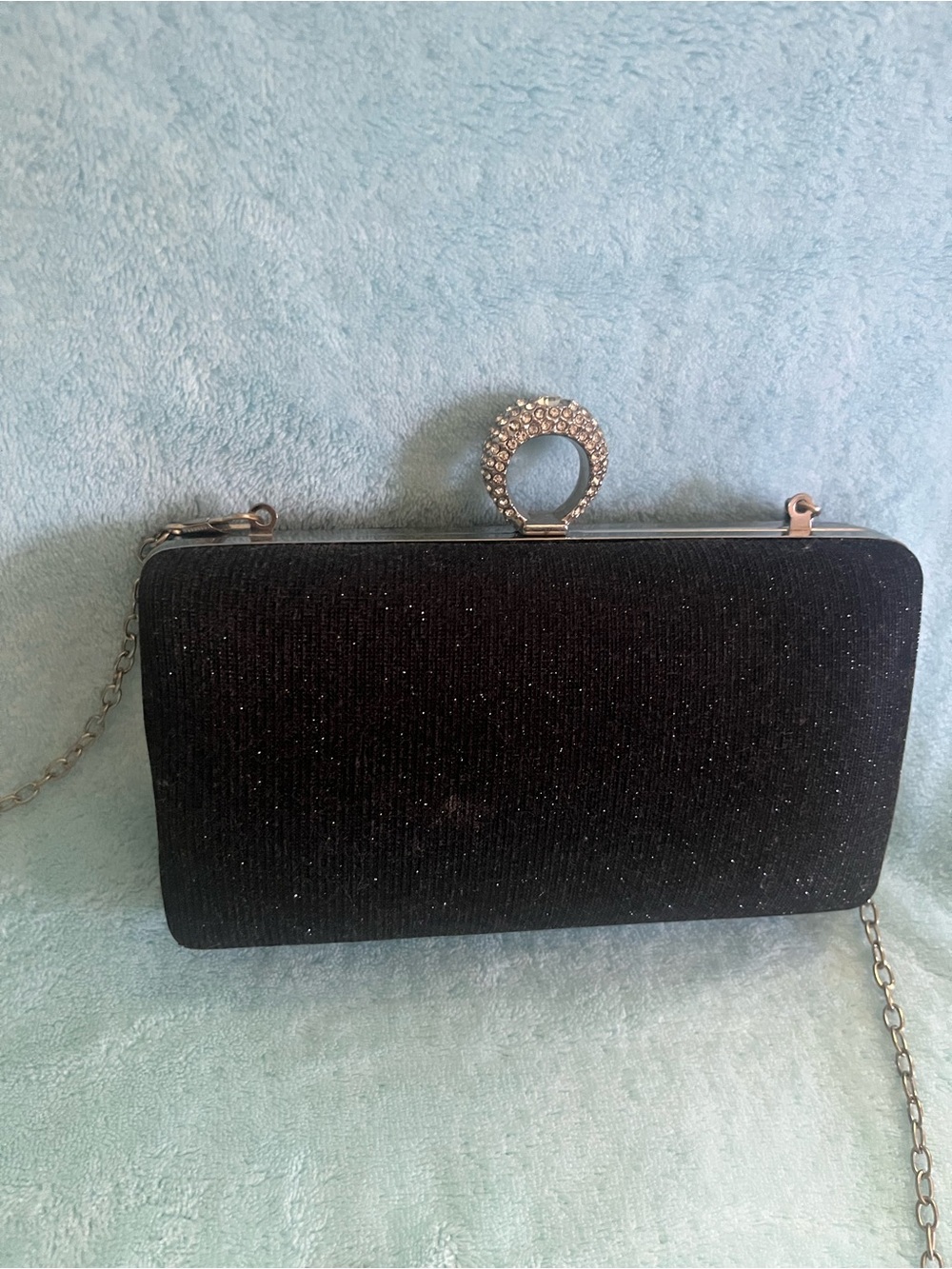 Elegant Black Sparkle Evening Clutch with Rhinestone Ring